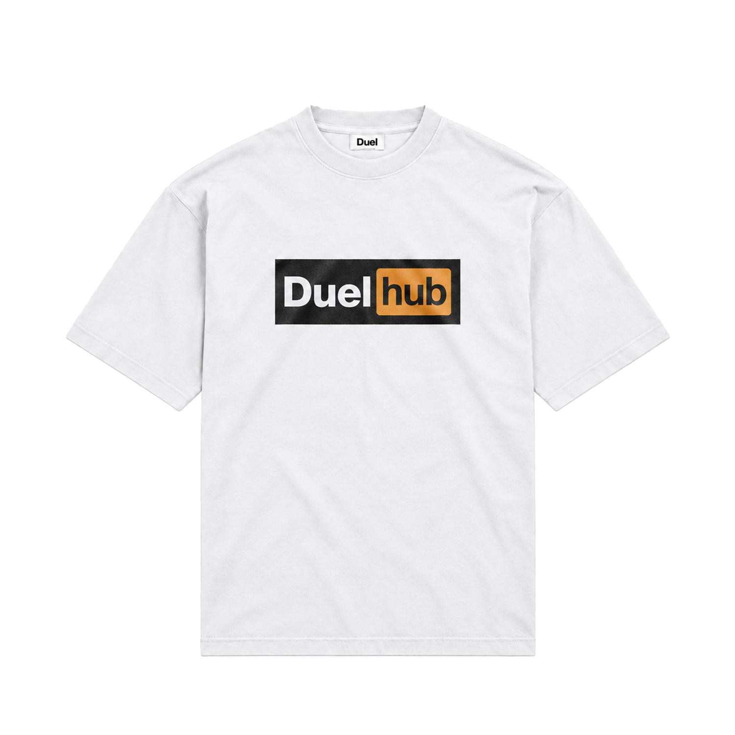 White t-shirt with a black and orange Duelhub logo