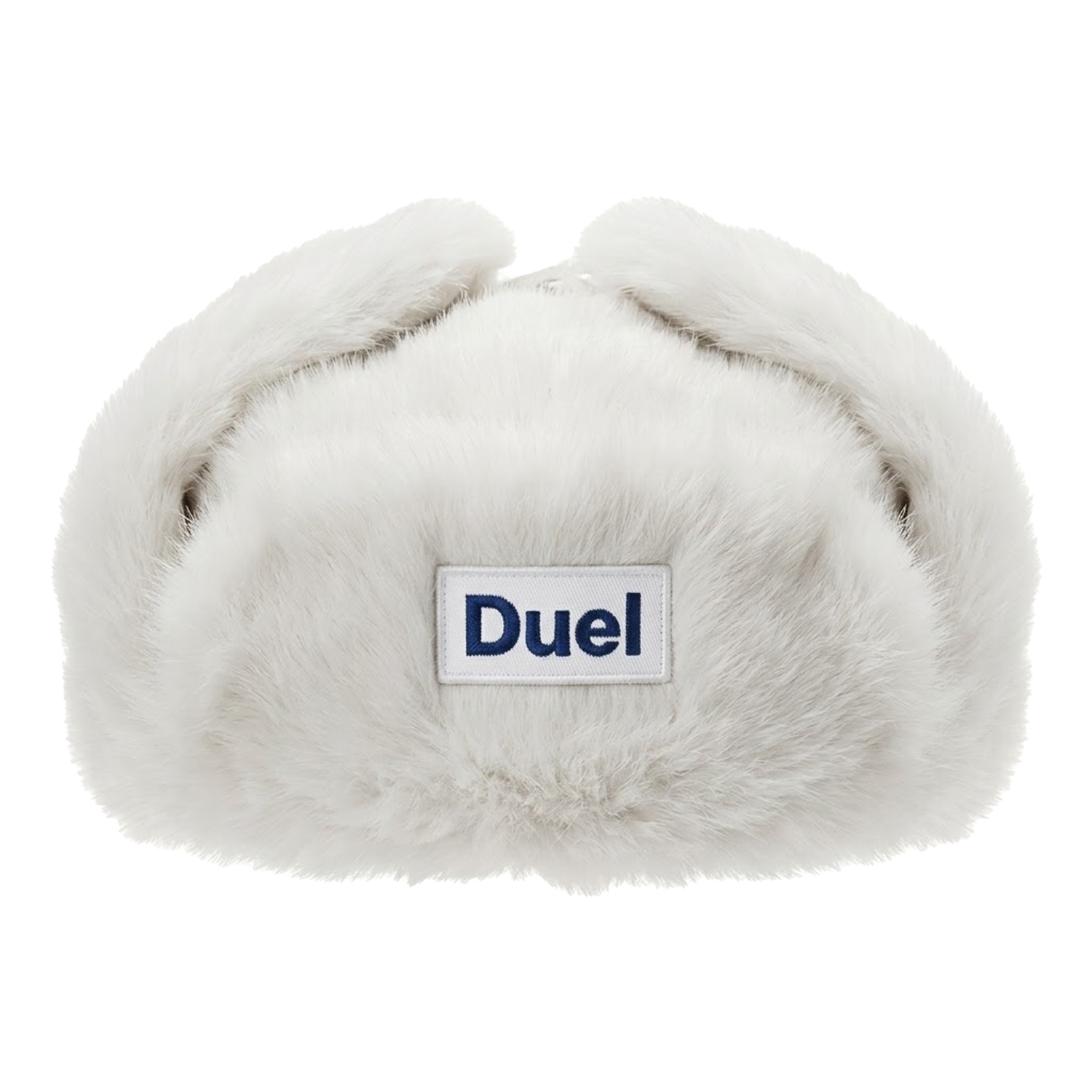 White faux-fur Duel ushanka with a navy logo patch