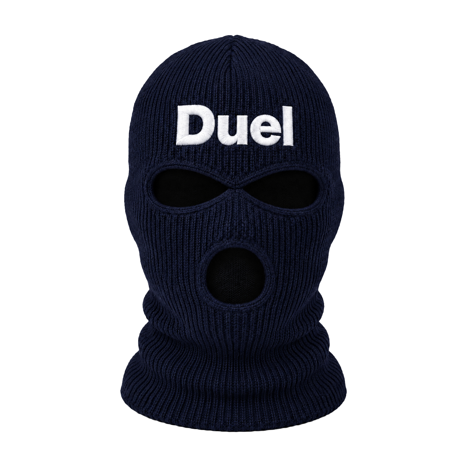 Navy knitted Duel ski mask with a white Duel logo