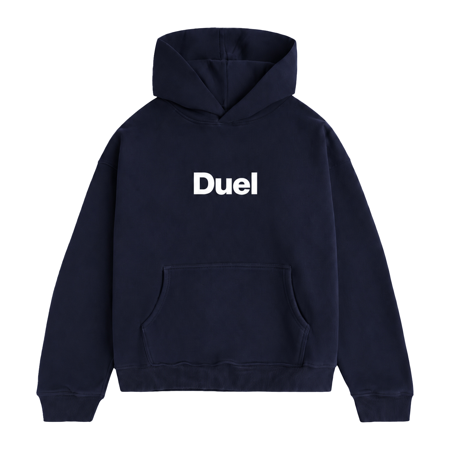 Navy Duel hoodie with a white Duel logo on the chest