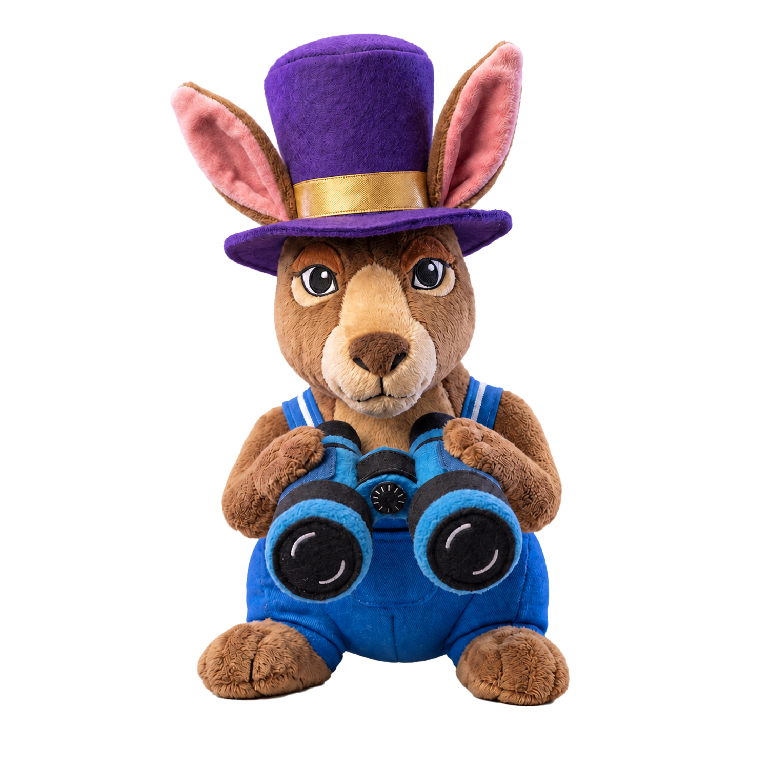 Hazy the Rabbit plush toy wearing a purple top hat and holding binoculars