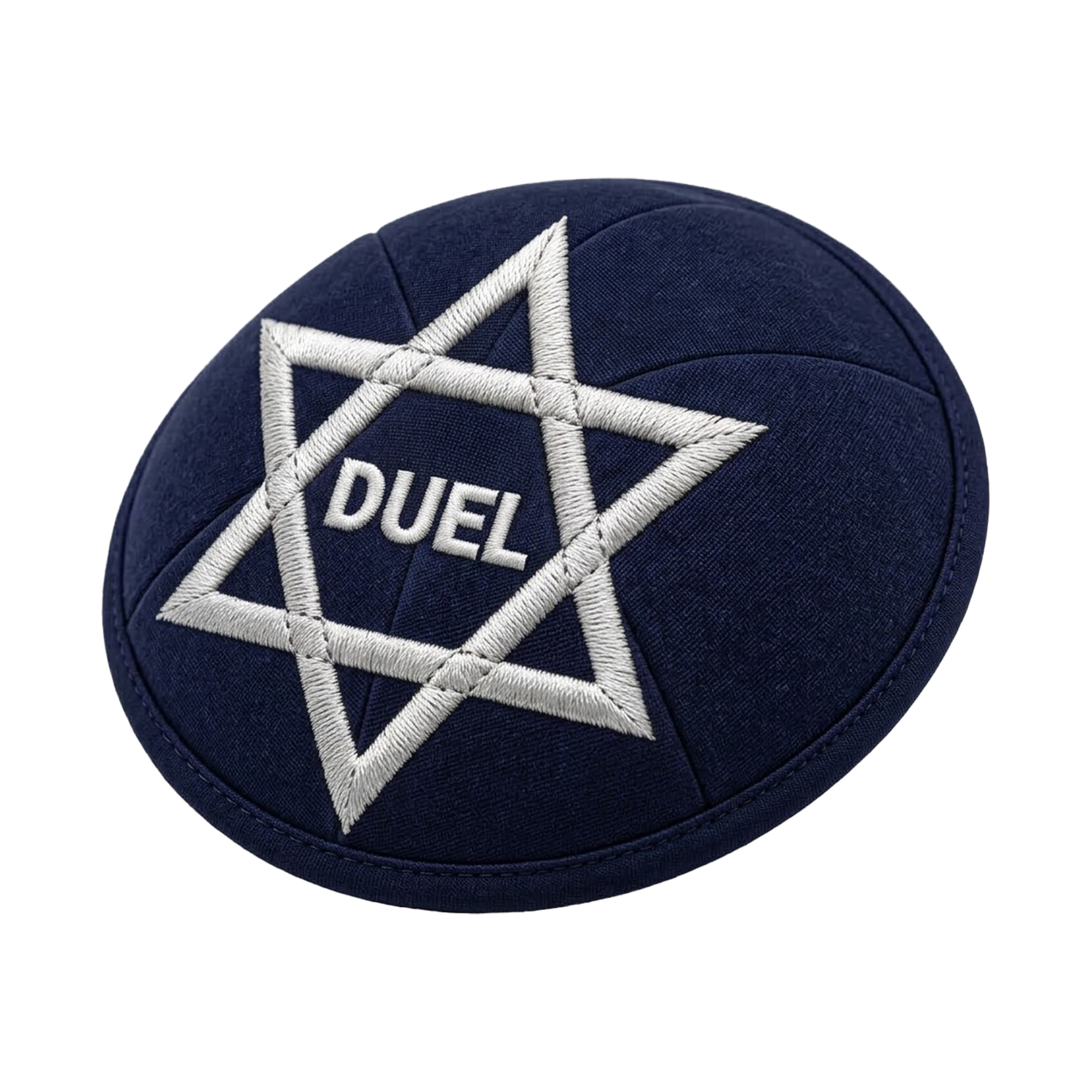 Navy Duel kippah with a silver embroidered star and DUEL text