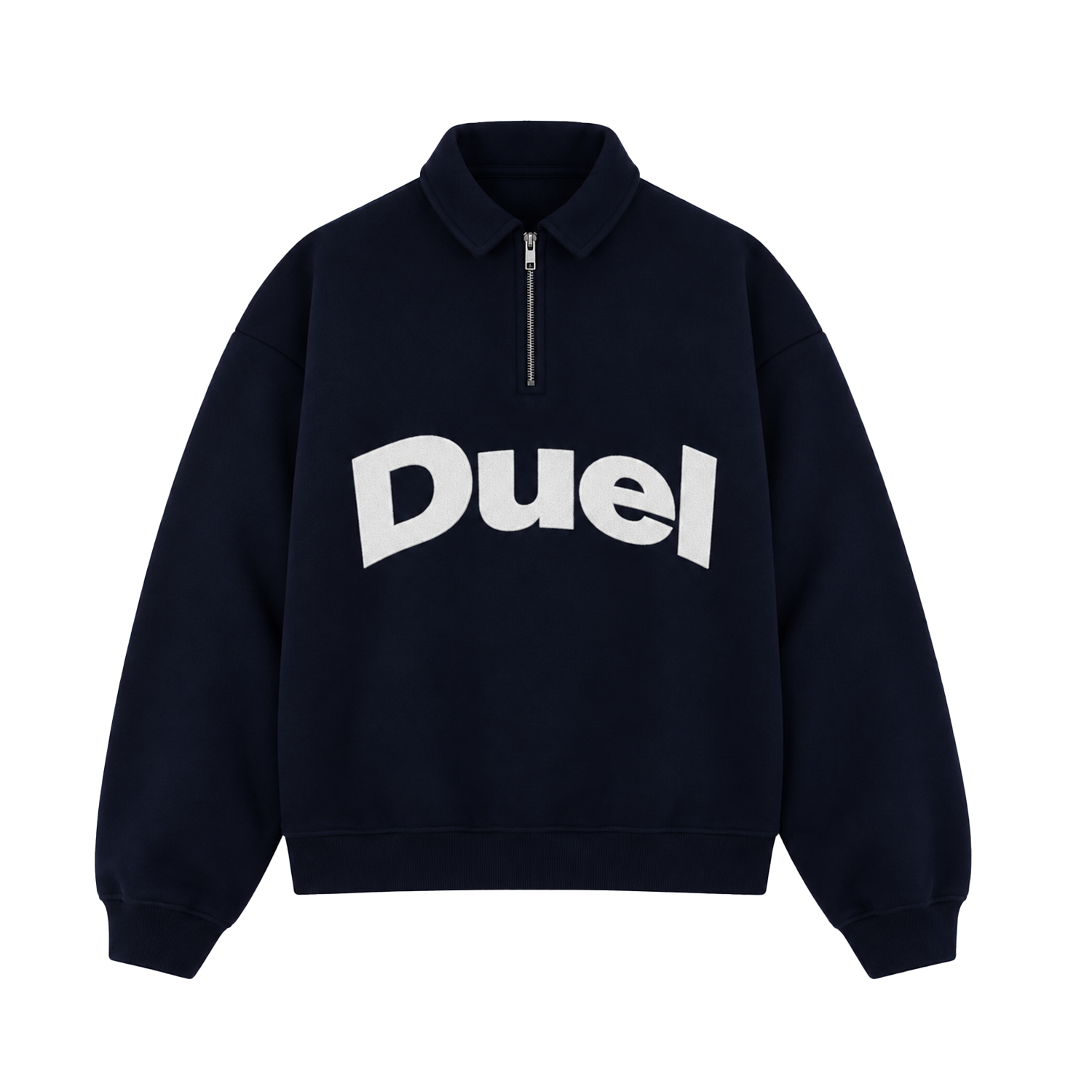 Navy Duel quarter zip with a large white Duel logo